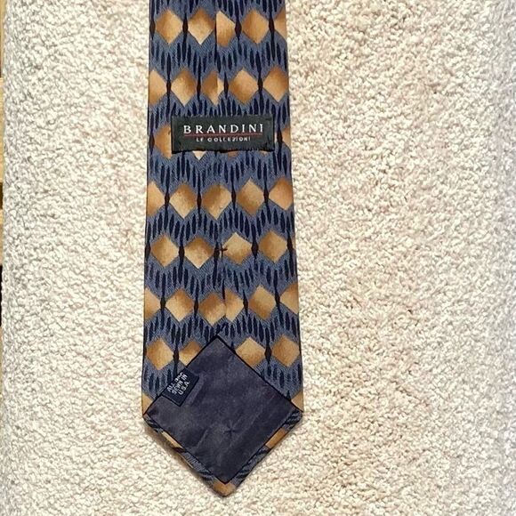 Brandini Le Collezioni Men’s Silk Tie Blue Tan and Brown Diamonds 58” X 3 1/2” - Picture 3 of 3